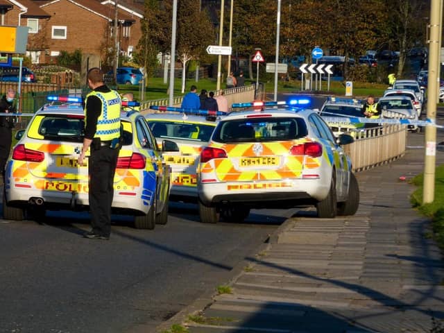Police at the scene of the crash on Galsworthy Road in Whiteleas. Photo by Sean Martin.
