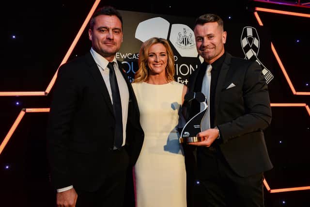 Shay Given, right, with former team-mate Steve Harper and host Gabby Logan after being inducted into the Newcastle United Foundation's Hall of Fame.