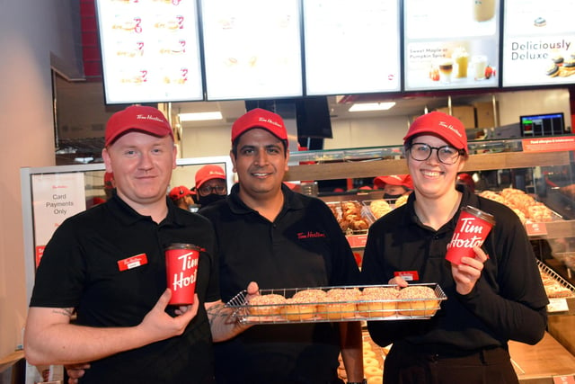 Tim Hortons drive-thru opened at Boldon Leisure Park in 2021. Pictured were, from left, store opening manager David Robinson, area manager Vikas Kumar and store manager Amy Appleby.