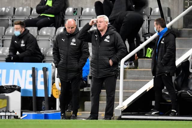 Steve Bruce, Manager of Newcastle United looks on during the Premier League match between Newcastle United and Manchester City at St. James Park on May 14, 2021 in Newcastle upon Tyne, England.