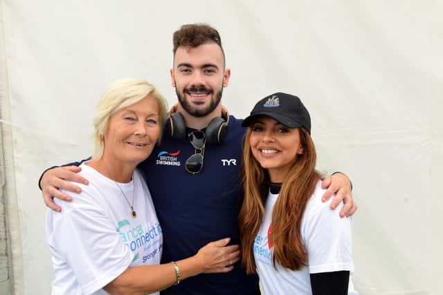 Cancer Connections patrons Jade Thirlwall and Josef Craig with manager Deborah Roberts.