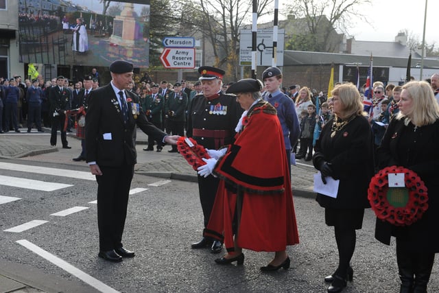Remembrance Sunday Parade and Service at Westoe Cenotaph, South Shields, with the Mayor of South Tyneside Coun Pat Hay, Deputy Lord Lieutenant Tyne and Wear Wing Commander David L Harris.
