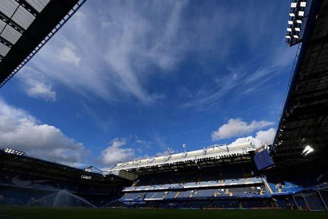 Blue sky over the stadium ahead of the English Premier League football match between Chelsea and Everton at Stamford Bridge in London on March 18, 2023. (Photo by Glyn KIRK / AFP)