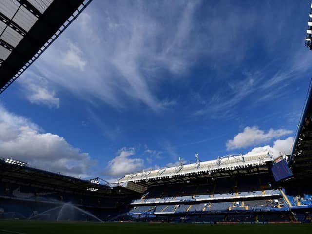 Blue sky over the stadium ahead of the English Premier League football match between Chelsea and Everton at Stamford Bridge in London on March 18, 2023. (Photo by Glyn KIRK / AFP)
