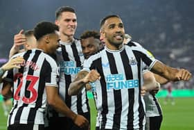 Newcastle United's English striker Callum Wilson celebrates after scoring his team third goal during the English Premier League football match between West Ham United and Newcastle at the London Stadium, in London on April 5, 2023. (Photo by JUSTIN TALLIS / AFP