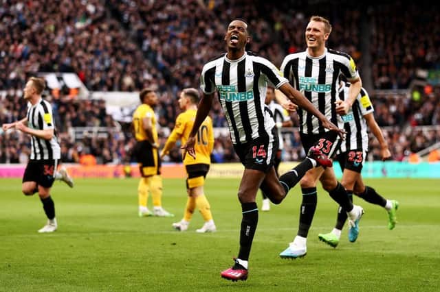 Alexander Isak of Newcastle celebrates after scoring his sides first goal during the Premier League match between Newcastle United and Wolverhampton Wanderers at St. James Park on March 12, 2023 in Newcastle upon Tyne, England. (Photo by Naomi Baker/Getty Images)