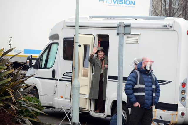 Brenda Blethyn on the Vera filming set at Ocean Road Community Association waving at fans