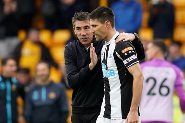 Wolverhampton Wanderers head coach Bruno Lage and Newcastle United's stand-in captain Federico Fernandez after Saturday's game.