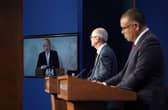 Prime Minister Boris Johnson appears on a screen from Chequers, where he is self-isolating, while chief scientific adviser Sir Patrick Vallance and deputy chief medical officer for England Professor Jonathan Van Tam speak from Downing Street, during a coronavirus briefing. Picture  by PA.