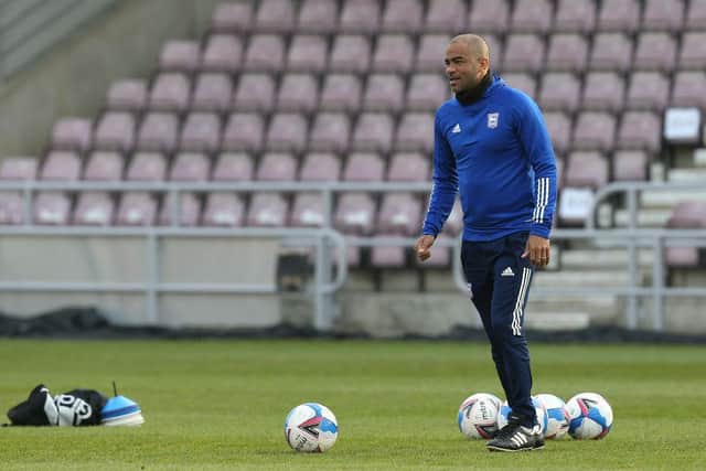 Ipswich Town coach Kieron Dyer during the pre-match warm-up.
