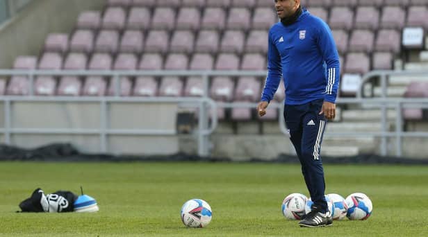 Ipswich Town coach Kieron Dyer during the pre-match warm-up.