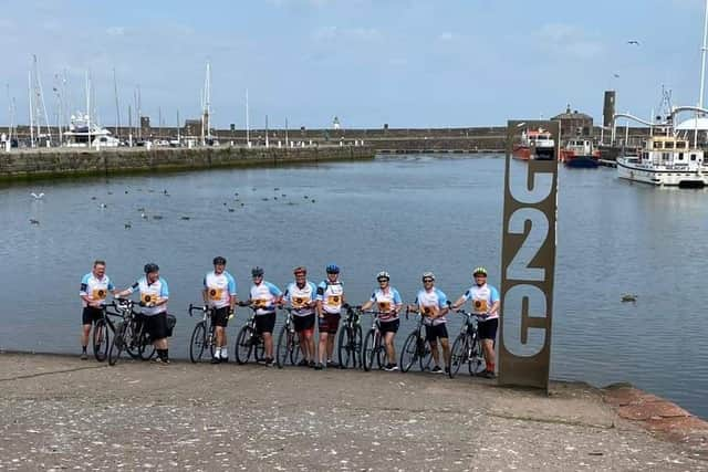 The team at the start of their coast-to-coast cycle challenge in Cumbria.