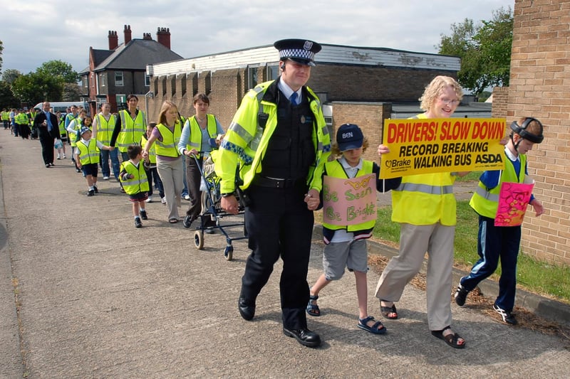 Pupils from Oakleigh Gardens School got together with students from Whitburn School as well as staff and Police Community Support Officers in this walking bus scene from 2006. Who do you recognise in the photo?