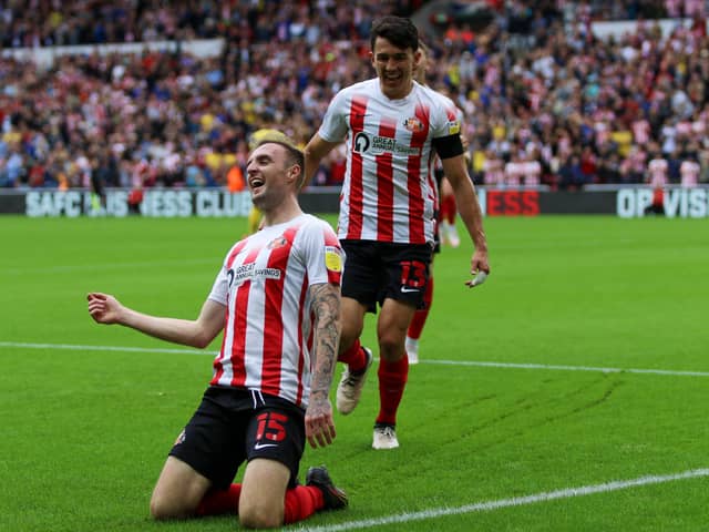 Carl Winchester scores the opening goal at the Stadium of Light