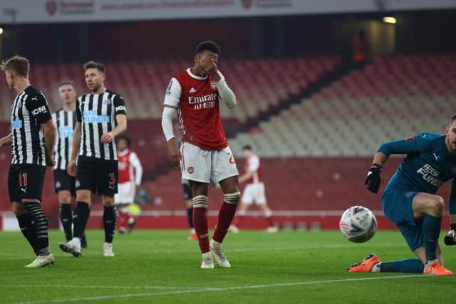 LONDON, ENGLAND - JANUARY 09: Joe Willock of Arsenal reacts after his shot is saved by Martin Dubravka of Newcastle United during the FA Cup Third Round match between Arsenal and Newcastle United at Emirates Stadium on January 09, 2021 in London, England.