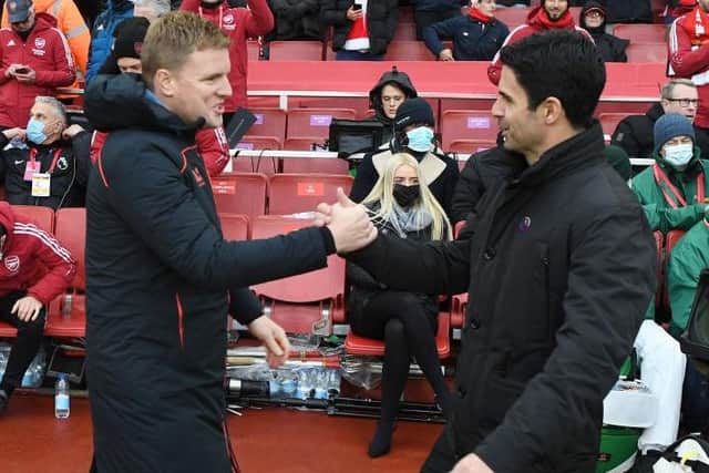 Arsenal manager Mikel Arteta with Newcastle Head Coach Eddie Howe before the Premier League match between Arsenal  and  Newcastle United at Emirates Stadium on November 27, 2021 in London, England. (Photo by Stuart MacFarlane/Arsenal FC via Getty Images)