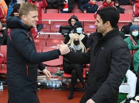 Arsenal manager Mikel Arteta with Newcastle Head Coach Eddie Howe before the Premier League match between Arsenal  and  Newcastle United at Emirates Stadium on November 27, 2021 in London, England. (Photo by Stuart MacFarlane/Arsenal FC via Getty Images)