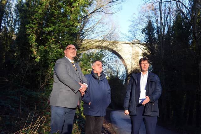 (from left) Sunderland City Council leader Coun Graeme Miller, Chair of the North East Joint Transport Committee Cllr Martin Gannon and Managing Director of Transport North East Tobyn Hughes at the Victoria Viaduct