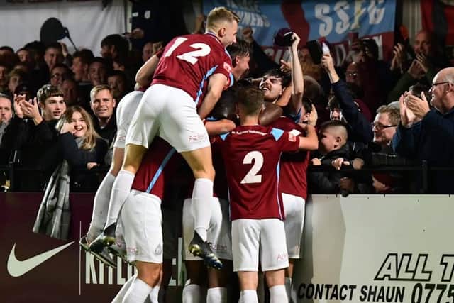 The South Shields players celebrate the win. Picture by Kevin Wilson.
