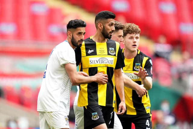 Consett's Arjun Purewal (left) and Hebburn Town's Amar Purewal during the Buildbase FA Vase 2019/20 Final at Wembley Stadium, London. PA pic.