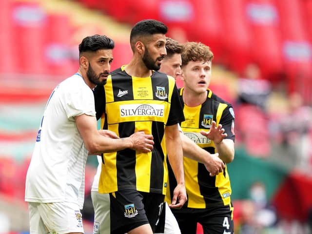 Consett's Arjun Purewal (left) and Hebburn Town's Amar Purewal during the Buildbase FA Vase 2019/20 Final at Wembley Stadium, London. PA pic.