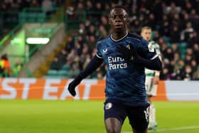 Yankuba Minteh of Feyenoord celebrates after scoring their team's first goal during the UEFA Champions League match between Celtic FC and Feyenoord at Celtic Park Stadium on December 13, 2023 in Glasgow, Scotland. (Photo by Ian MacNicol/Getty Images)