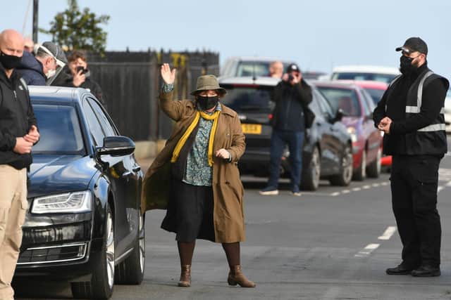 Brenda Blethyn as DCI Vera Stanhope waving at fans while filming for series 11 in the North East.