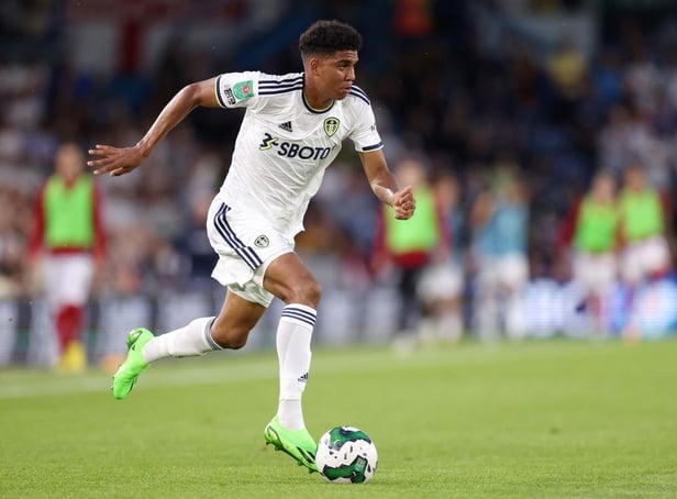 LEEDS, ENGLAND - AUGUST 24: Cody Drameh of Leeds United runs with the ball during the Carabao Cup Second Round match between Leeds United and Barnsley at Elland Road on August 24, 2022 in Leeds, England. (Photo by George Wood/Getty Images)