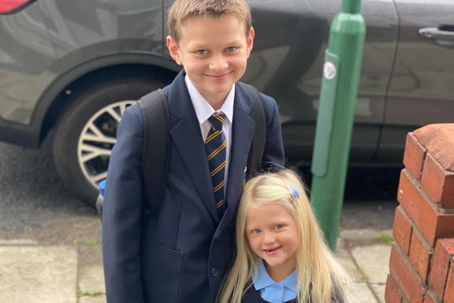 Back to school in South Tyneside. James, 11, starting secondary school while Amelia, 3, starts nursery.