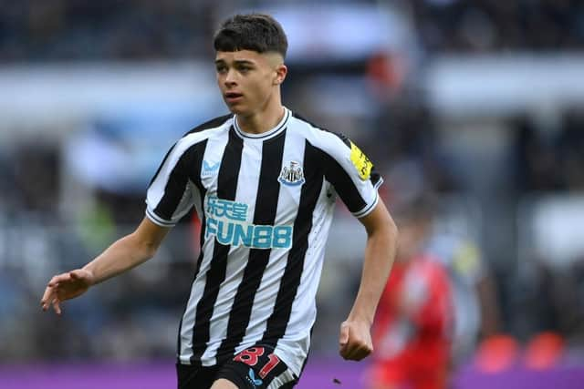 Newcastle player Lewis Miley in action during the friendly match between Newcastle United and Rayo Vallecano  at St James' Park on December 17, 2022 in Newcastle upon Tyne, England. (Photo by Stu Forster/Getty Images)