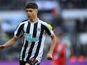 Newcastle player Lewis Miley in action during the friendly match between Newcastle United and Rayo Vallecano  at St James' Park on December 17, 2022 in Newcastle upon Tyne, England. (Photo by Stu Forster/Getty Images)