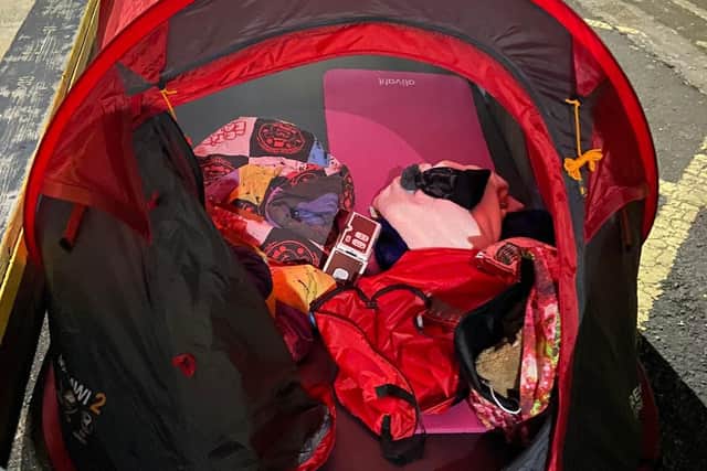 One of the sleeping bags that was set up for the night.