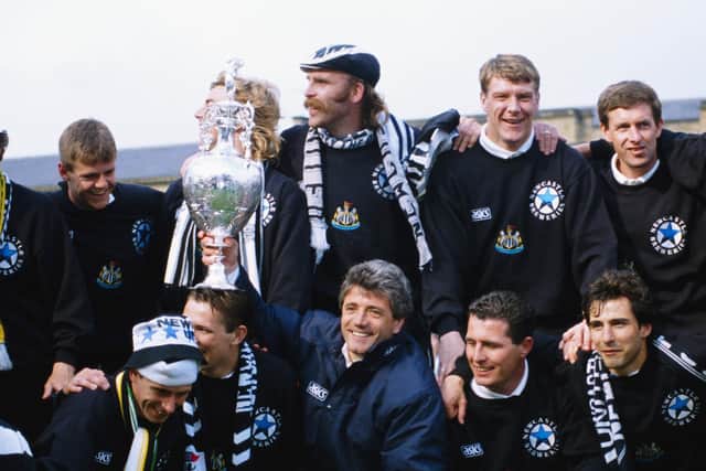 Tommy Wright (back, second from right) celebrates with his Newcastle United team-mates and Kevin Keegan after winning the First Division title in May 1993. (Photo by Stevie Morton/Allsport/Getty Images)