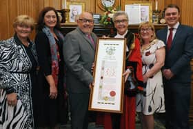 Ray Spencer MBE receives the Freedom of the Borough of South Tyneside, from Mayor Cllr Pat Hay, at South Shields Town Hall.