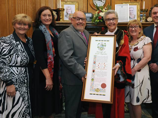 Ray Spencer MBE receives the Freedom of the Borough of South Tyneside, from Mayor Cllr Pat Hay, at South Shields Town Hall.