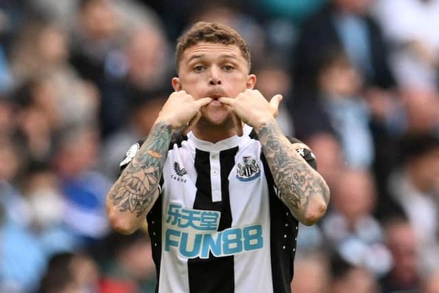 Newcastle United's English defender Kieran Trippier whistles to teamamtes during the English Premier League football match between Manchester City and Newcastle United at the Etihad Stadium in Manchester, north west England, on May 8, 2022. (Photo by PAUL ELLIS/AFP via Getty Images)