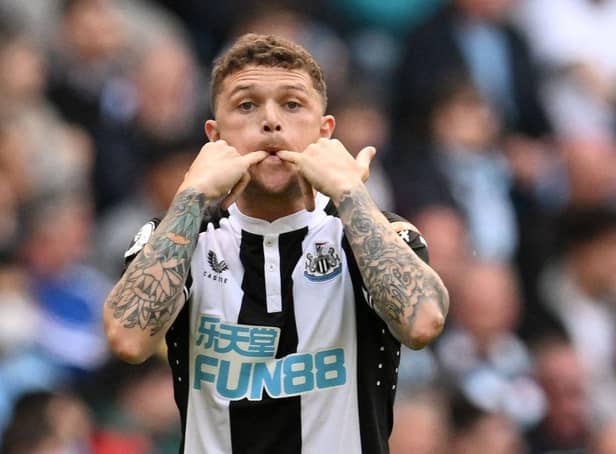Newcastle United's English defender Kieran Trippier whistles to teamamtes during the English Premier League football match between Manchester City and Newcastle United at the Etihad Stadium in Manchester, north west England, on May 8, 2022. (Photo by PAUL ELLIS/AFP via Getty Images)