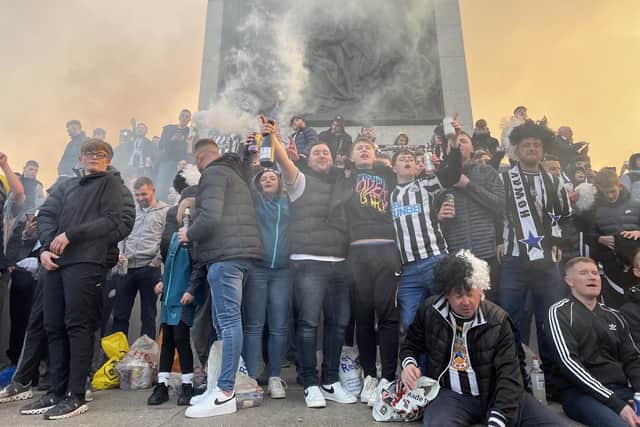 Newcastle United fans gather in Trafalgar Square, London, last night ahead of the of the Carabao Cup final.