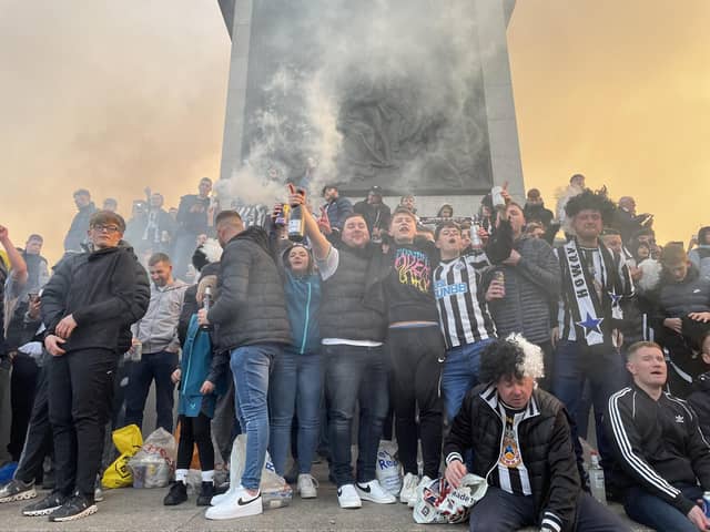 Newcastle United fans gathered in Trafalgar Square, London, in 2023 ahead of the of the Carabao Cup final.