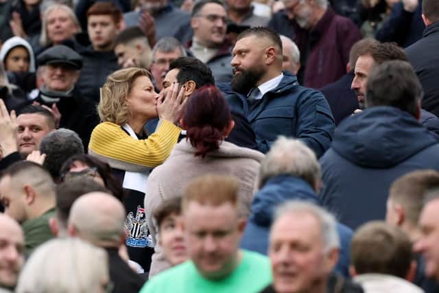 Newcastle United co-owners Amanda Staveley and Mehrdad Ghodoussi embrace prior to the Premier League match between Newcastle United and Aston Villa at St. James Park on October 29, 2022 in Newcastle upon Tyne, England. (Photo by Nigel Roddis/Getty Images)