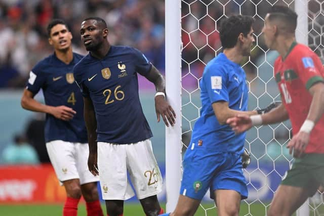 France's forward #26 Marcus Thuram reacts to a missed chance during the Qatar 2022 World Cup semi-final football match between France and Morocco at the Al-Bayt Stadium in Al Khor, north of Doha on December 14, 2022. (Photo by Kirill KUDRYAVTSEV / AFP) (Photo by KIRILL KUDRYAVTSEV/AFP via Getty Images)