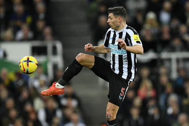 Newcastle United's Swiss defender Fabian Schar controls the ball during the English Premier League football match between Newcastle United and West Ham United at St James' Park in Newcastle-upon-Tyne, north east England on February 4, 2023. (Photo by OLI SCARFF/AFP via Getty Images)