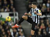 Newcastle United's Swiss defender Fabian Schar controls the ball during the English Premier League football match between Newcastle United and West Ham United at St James' Park in Newcastle-upon-Tyne, north east England on February 4, 2023. (Photo by OLI SCARFF/AFP via Getty Images)