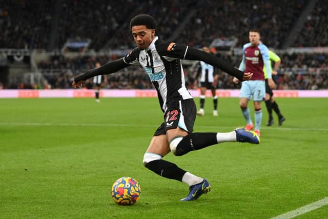 Newcastle player Jamal Lewis in action during the Premier League match between Newcastle United and Burnley at St. James Park on December 04, 2021 in Newcastle upon Tyne, England. (Photo by Stu Forster/Getty Images)