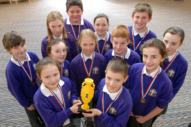 A trophy and medals for the Cleadon Village CofE Primary School team which they won at the 2008 Lego League competition in Birmingham.