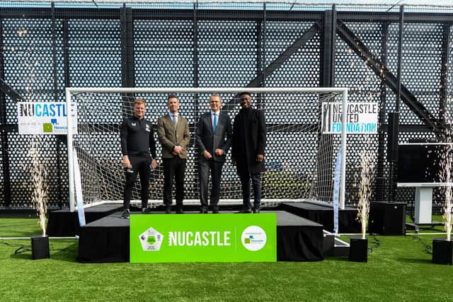 Newcastle United head coach Eddie Howe, far left, and former striker Shola Ameobi attend the opening of NUCASTLE.