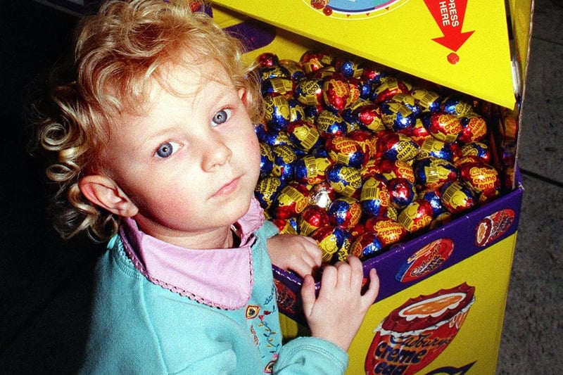 Three-year-old Aimee Clarke from Page Hall with Easter Eggs at Meadowhall