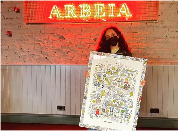 Jade Thirlwall in her home town bar Arbeia where the South Shields print by design company Lines Behind will go on display.