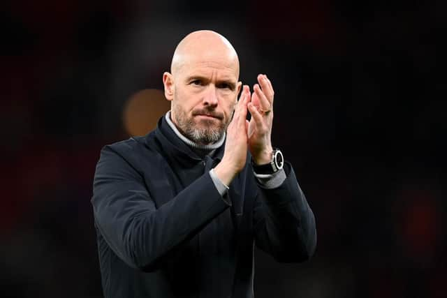 Erik ten Hag, Manager of Manchester United, applauds the fans after their side's victory in the Emirates FA Cup Quarter Final match between Manchester United and Fulham at Old Trafford on March 19, 2023 in Manchester, England. (Photo by Michael Regan/Getty Images)