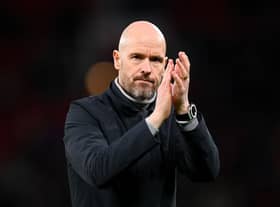 Erik ten Hag, Manager of Manchester United, applauds the fans after their side's victory in the Emirates FA Cup Quarter Final match between Manchester United and Fulham at Old Trafford on March 19, 2023 in Manchester, England. (Photo by Michael Regan/Getty Images)